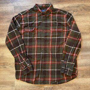 George Casual Button Down Mens Large Green & Red Plaid Rugged Flannel Shirt